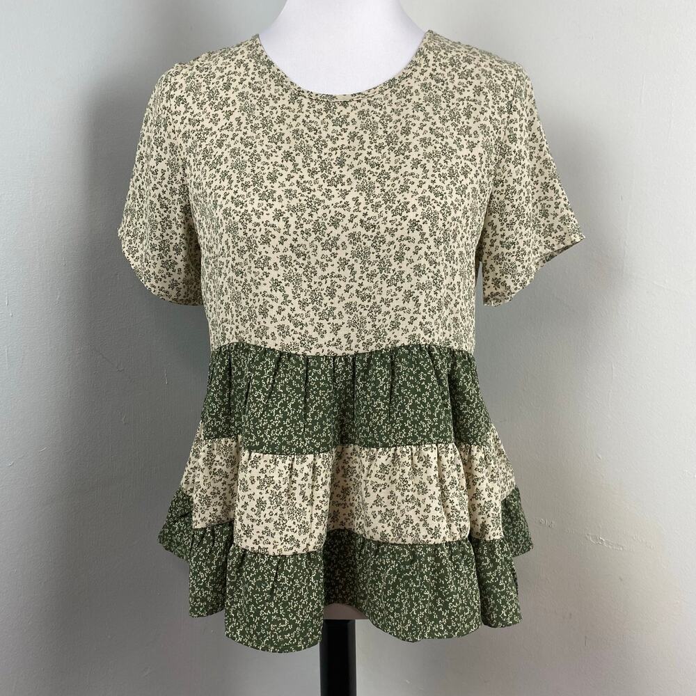 Paper Crane Peasant Tiered Floral Top Dusty Green Boho Blouse Medium